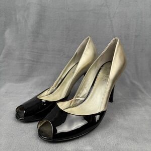 Lauren Ralph Lauren‎ Peep Toe Heels Gold Black Patent Leather Stiletto Pumps 8M